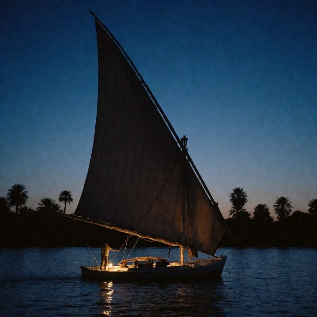 A wooden felucca boat on the Nile at dusk