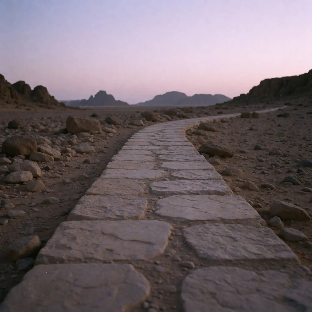 A stone path through an Egyptian desert landscape at twilight