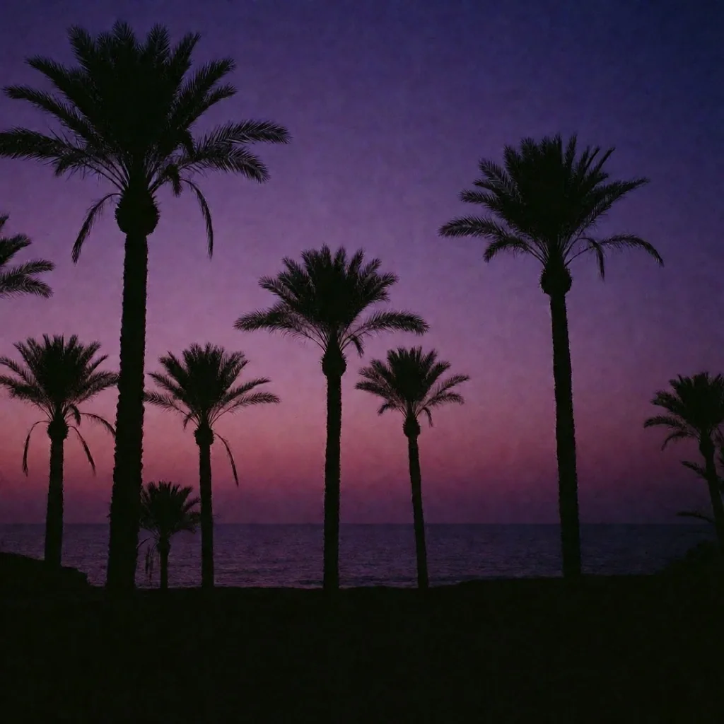 Palm trees silhouetted against a violet twilight sky on the Sinai coast