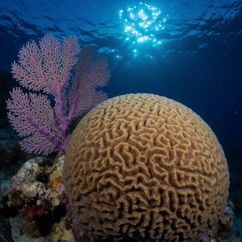 Coral reef at dusk with light rays