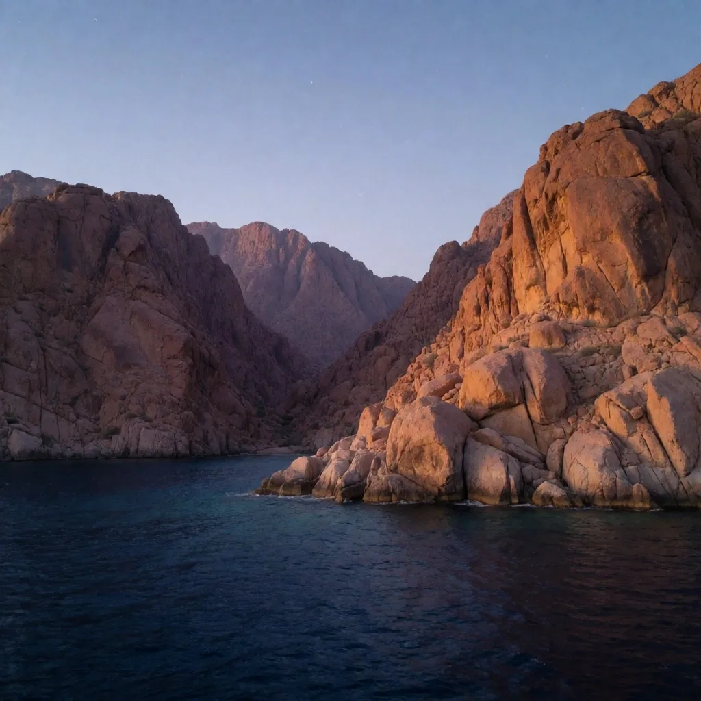 Granite mountains meeting the Gulf of Aqaba at dusk