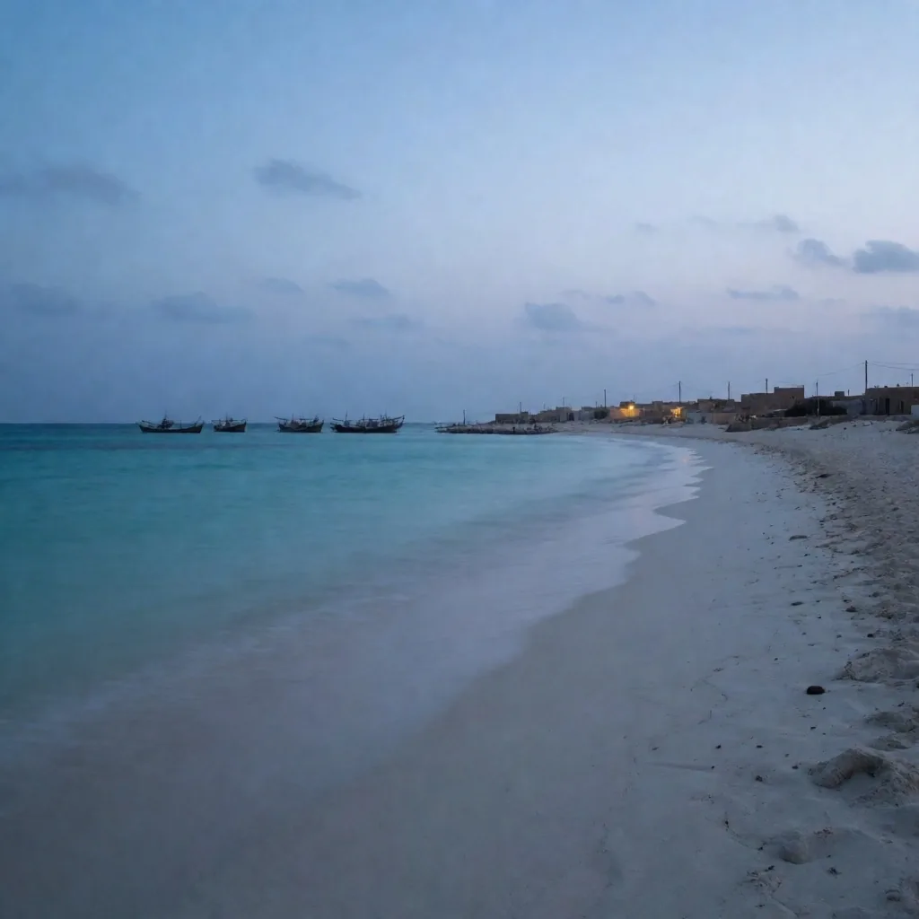 Mediterranean beach at twilight with gentle surf