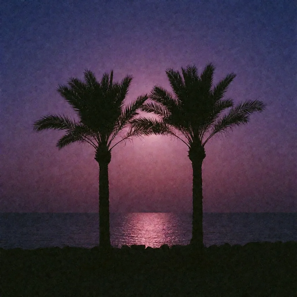 Palm tree silhouettes against a twilight sky on the Egyptian coast