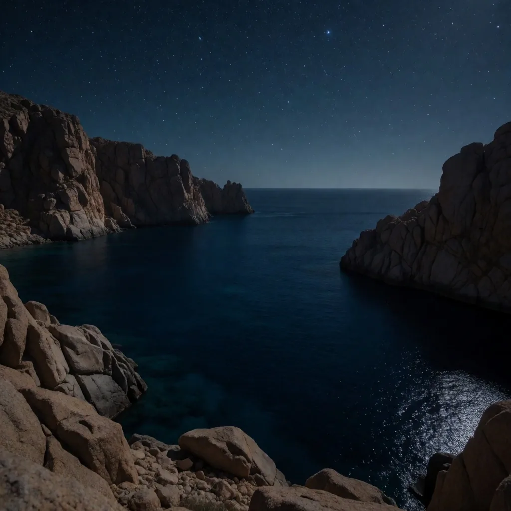 Secluded southern bay at night with rock formations