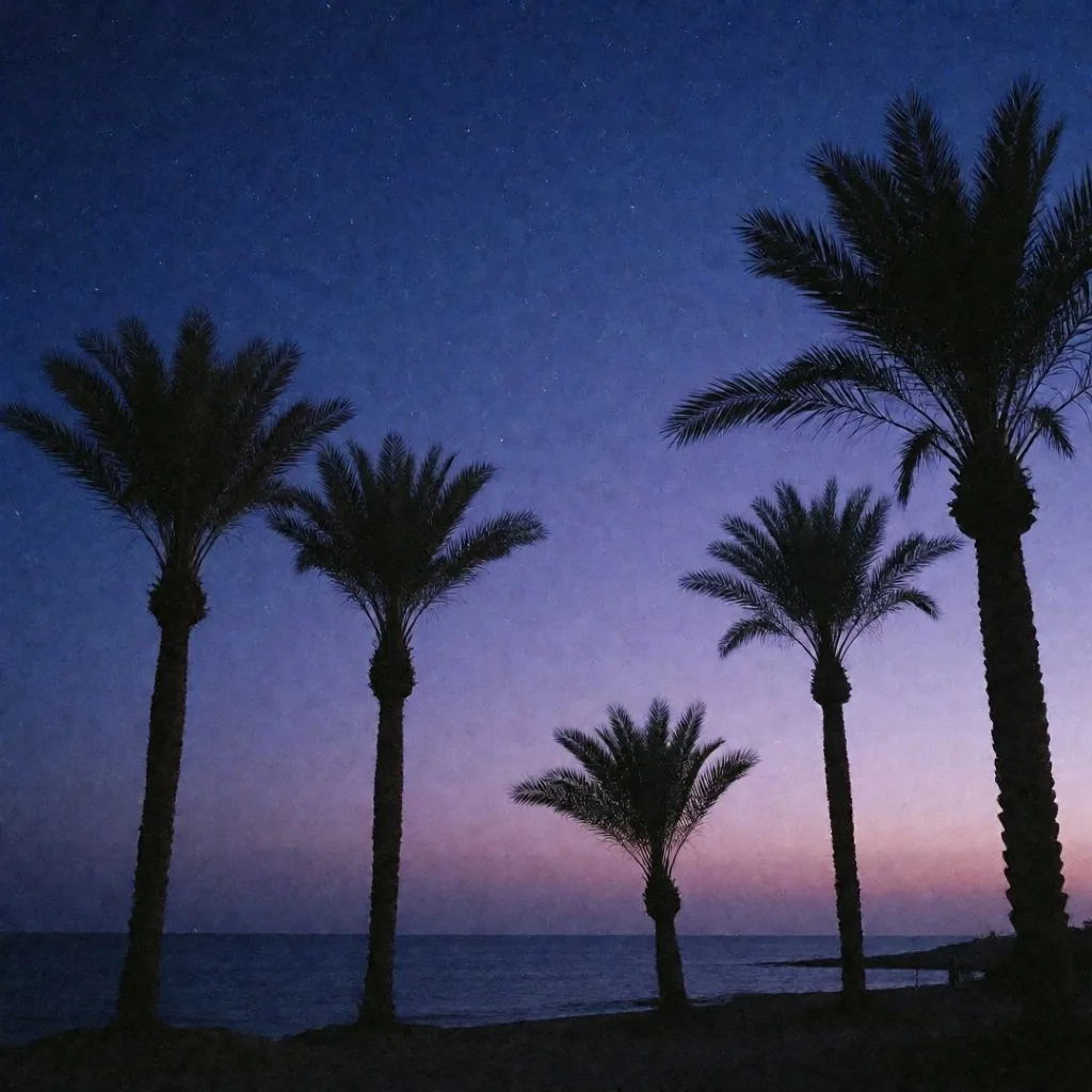 Palm silhouettes against a deep indigo night sky