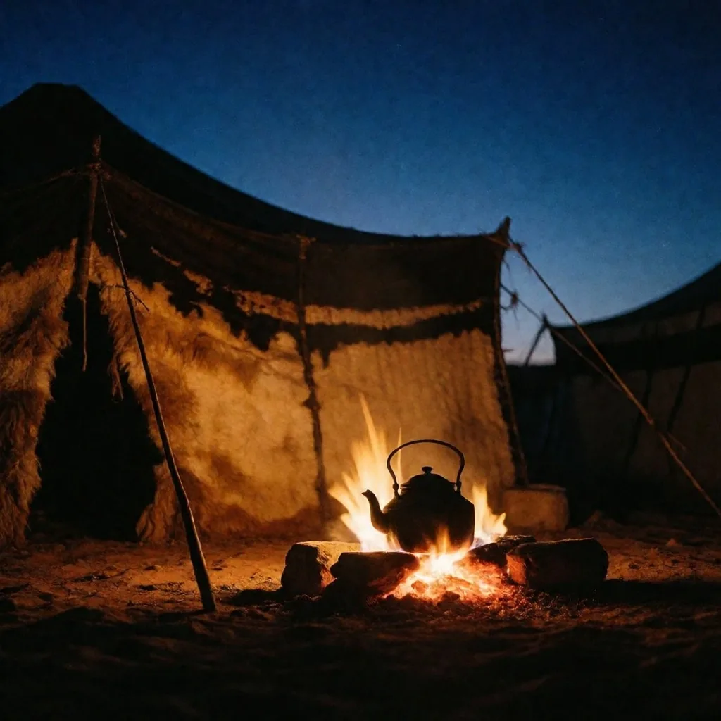 Bedouin desert camp at dusk