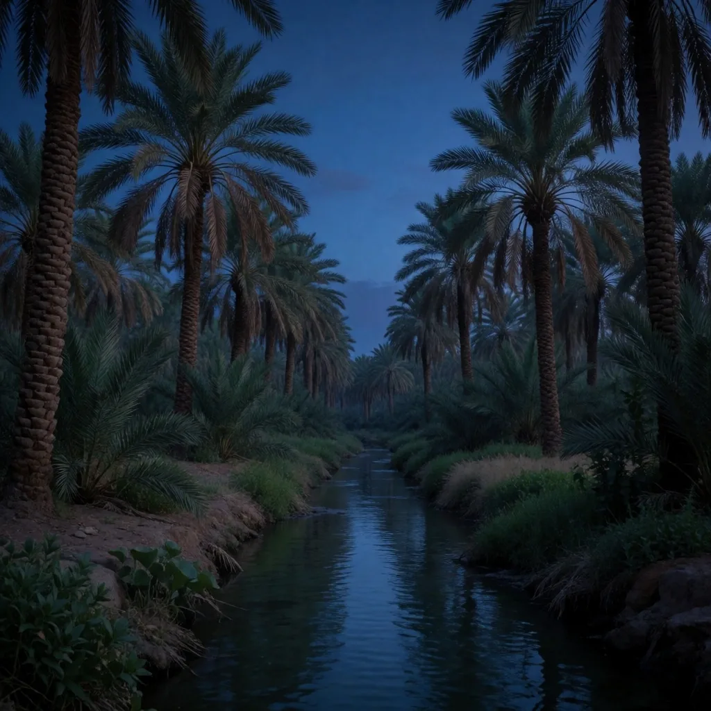 Date palm grove at dusk with irrigation channel