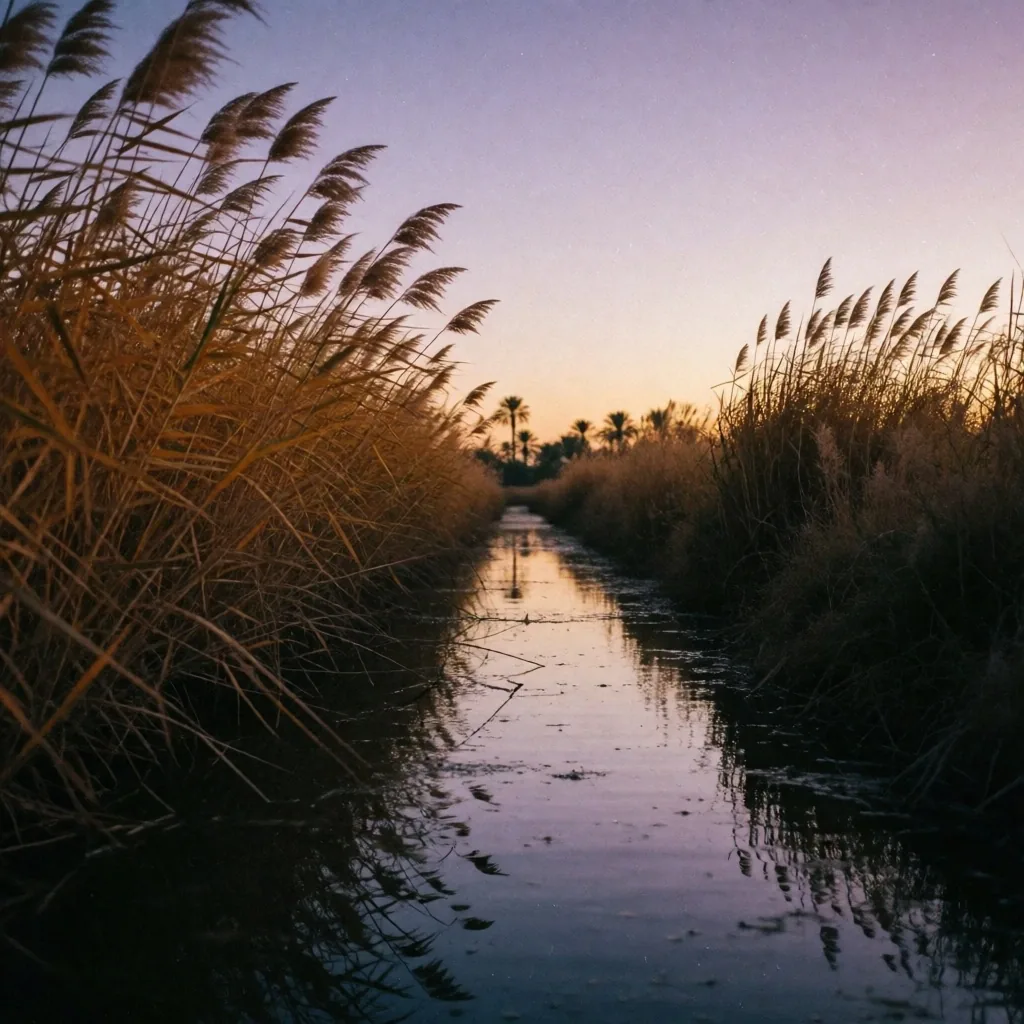 Delta irrigation canal at dusk with reeds
