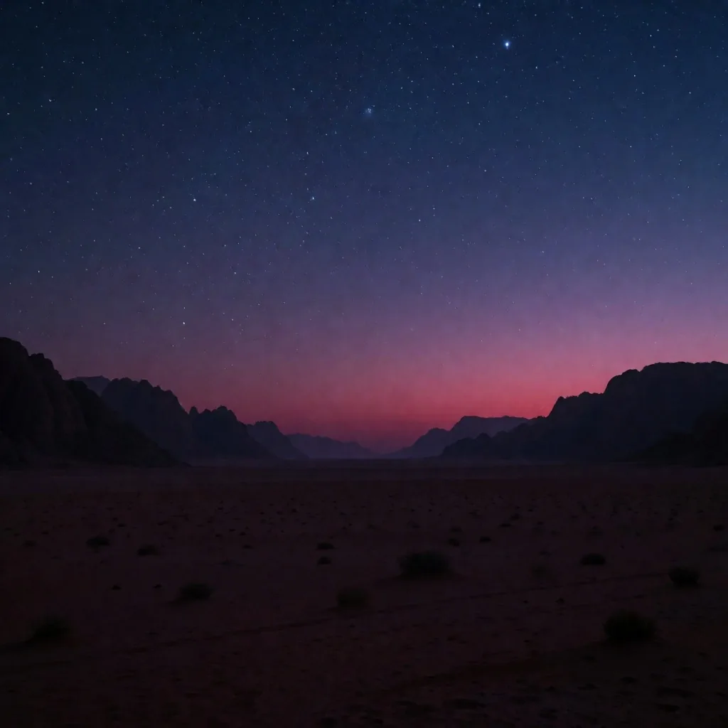 Desert twilight with stars appearing over mountain silhouettes