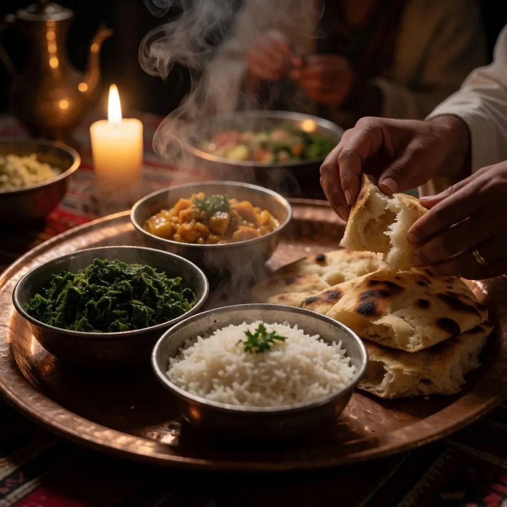 A communal meal shared at night showing Egyptian table customs
