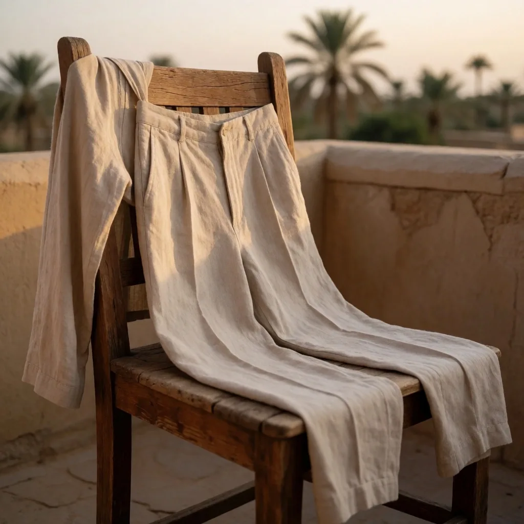 Loose linen clothing on a terrace at dusk suggesting modest dress