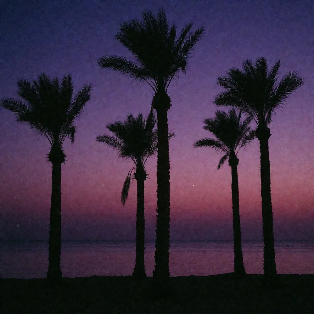 Palm tree silhouettes against a violet twilight sky on the Egyptian coast