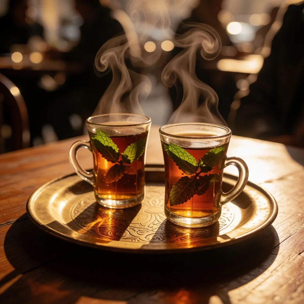 Two tea cups on a brass tray suggesting Egyptian hospitality