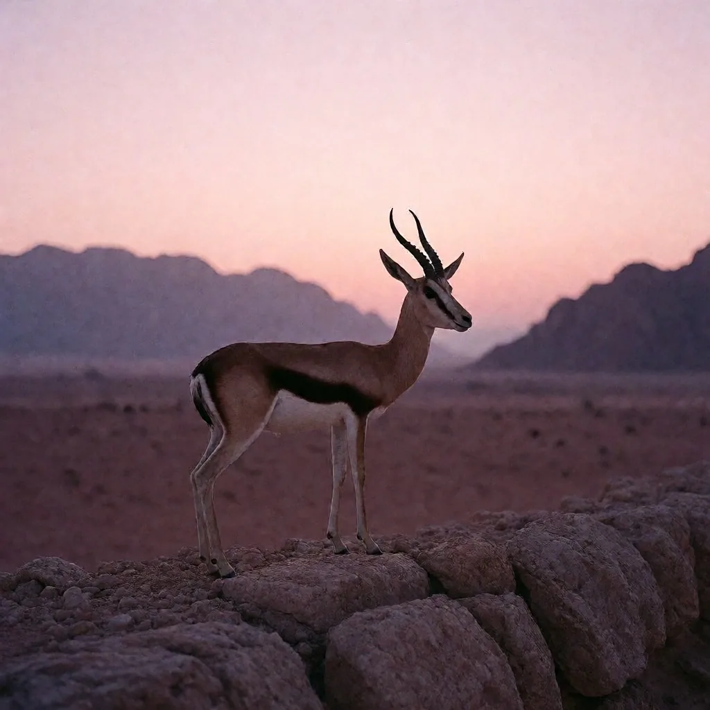 A Dorcas gazelle in the desert at twilight