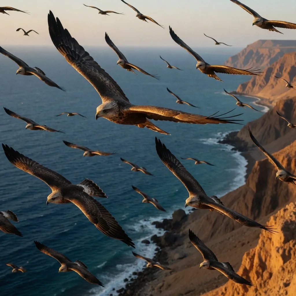 Migratory birds flying over the Red Sea coast at dusk