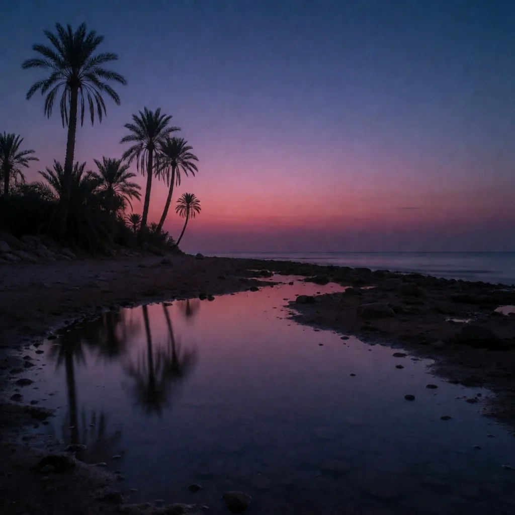 Palm trees silhouetted against a twilight sky on the Egyptian coast