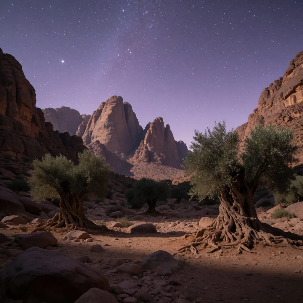Sinai high mountains at night with ancient olive groves