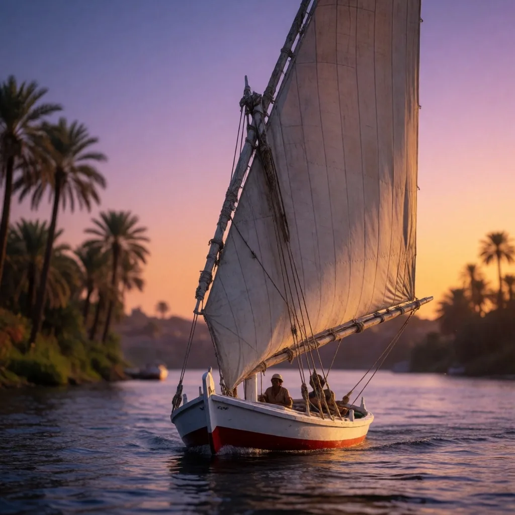 Felucca sailing on the Nile at dusk