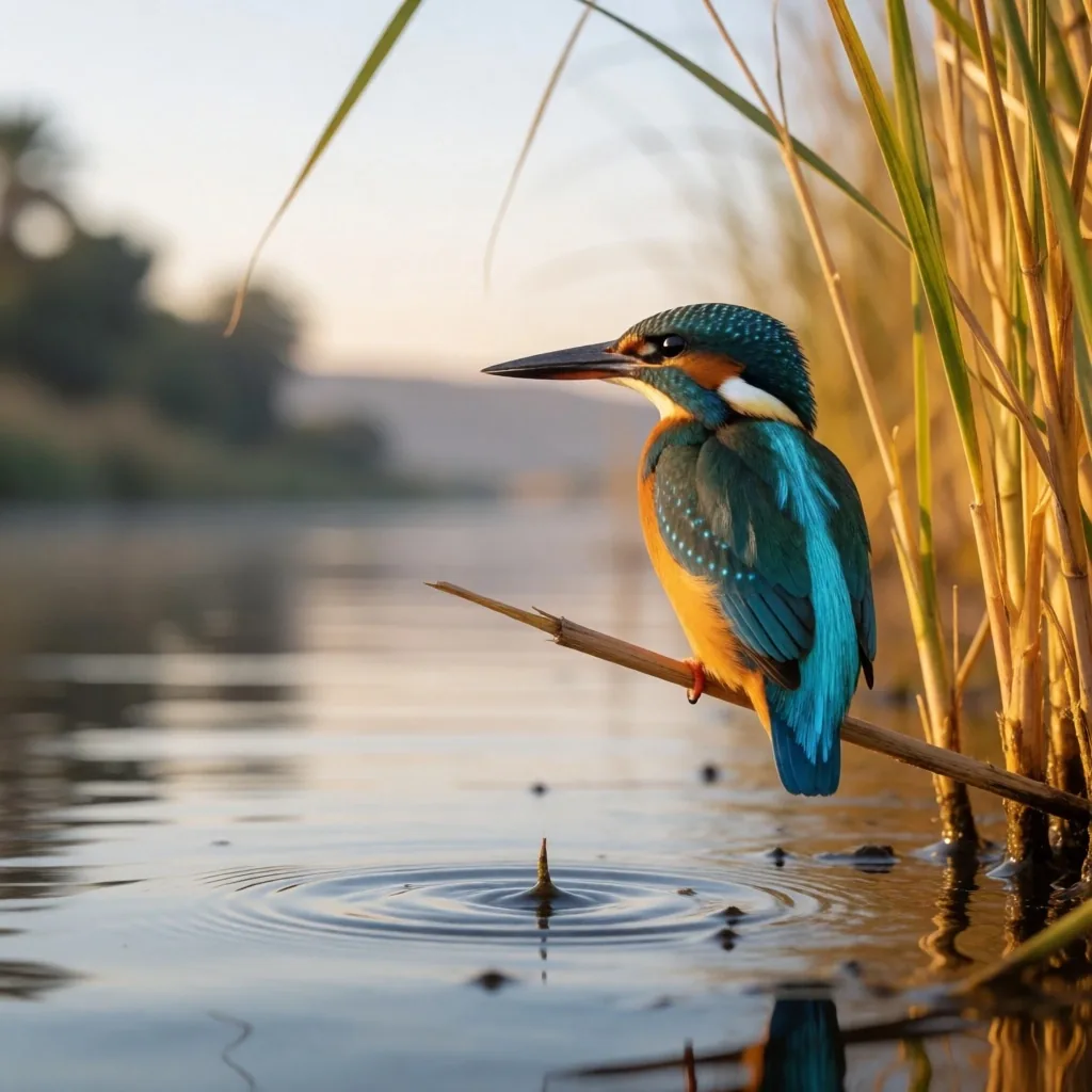 Kingfisher perched on a Nile riverside reed at dawn