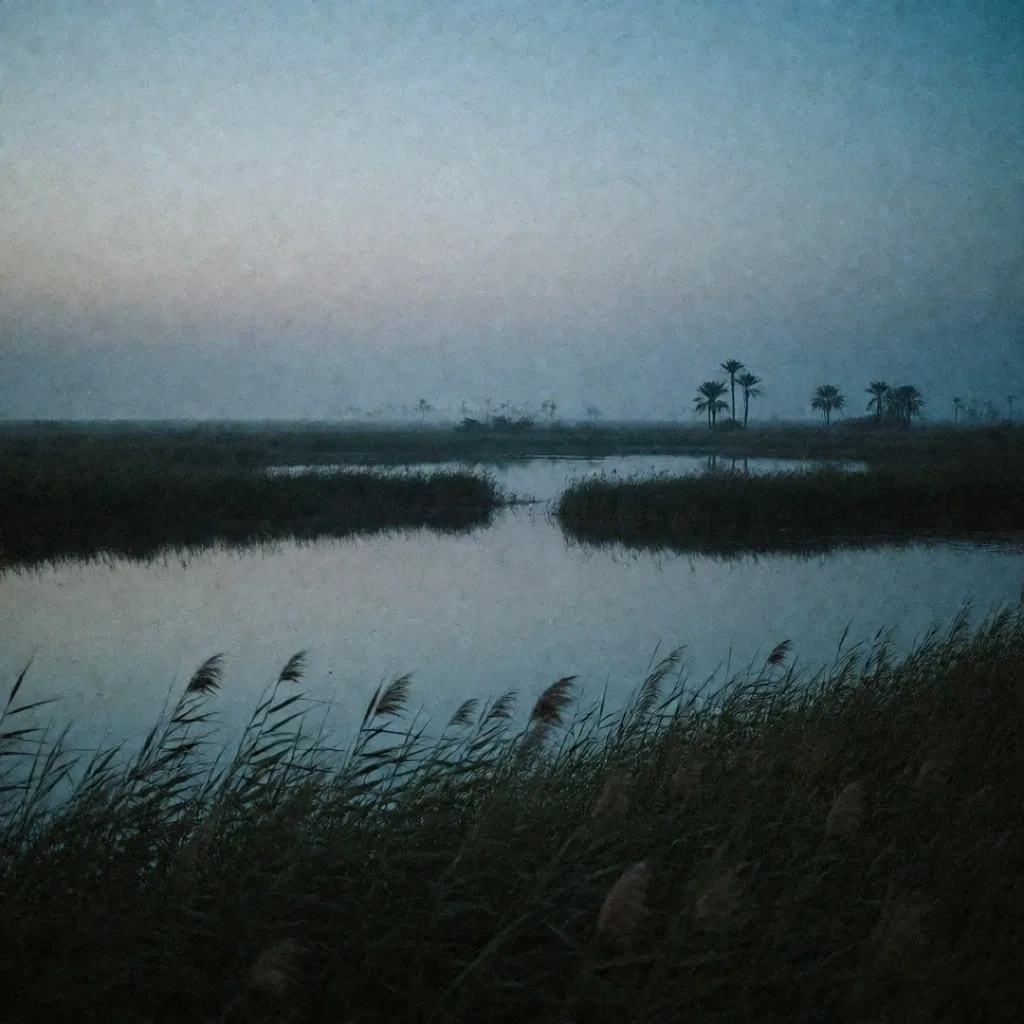 Nile delta wetlands at dusk from above