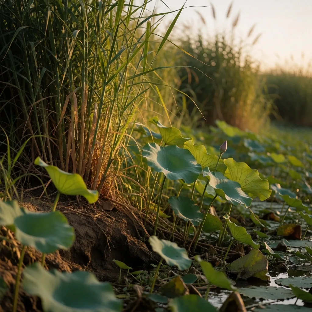 Nile riverbank vegetation including reeds and papyrus