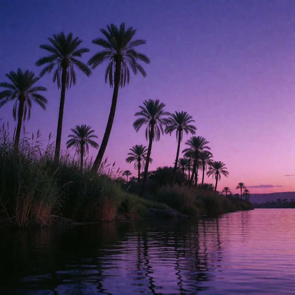 Palm silhouettes at twilight over the Nile