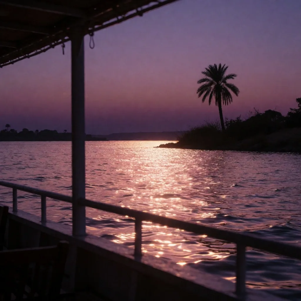 Sunset over the Nile with palm silhouette