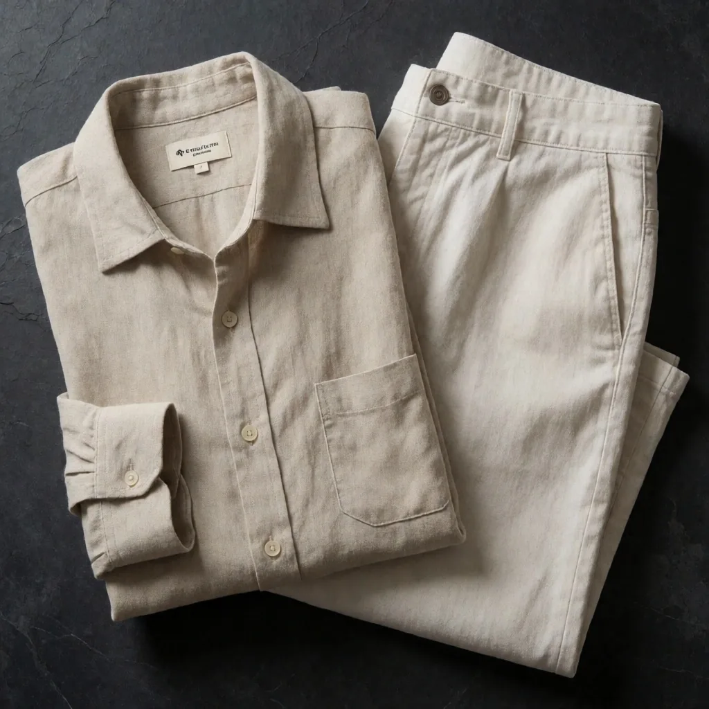 Lightweight folded linen and cotton clothing in neutral colors on a dark surface