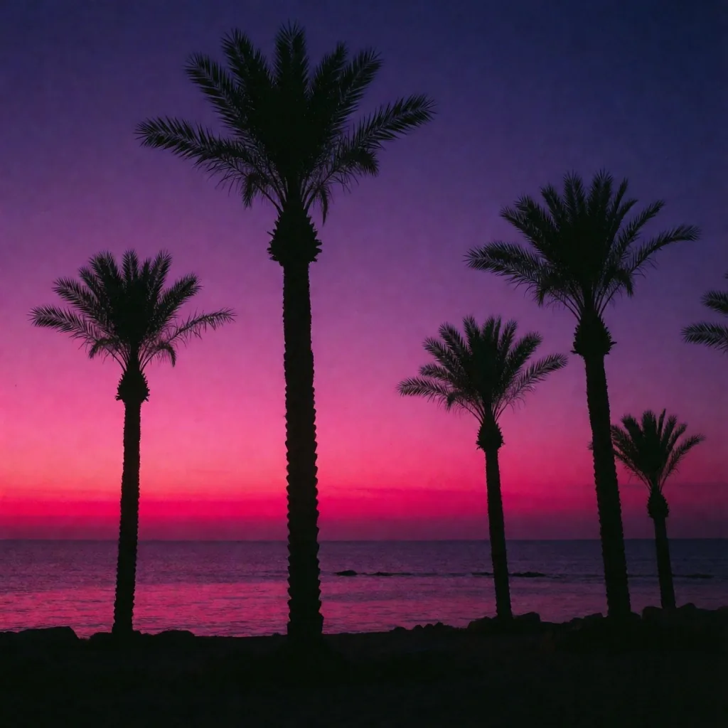 Palm trees silhouetted against a violet twilight sky on the Sinai coast