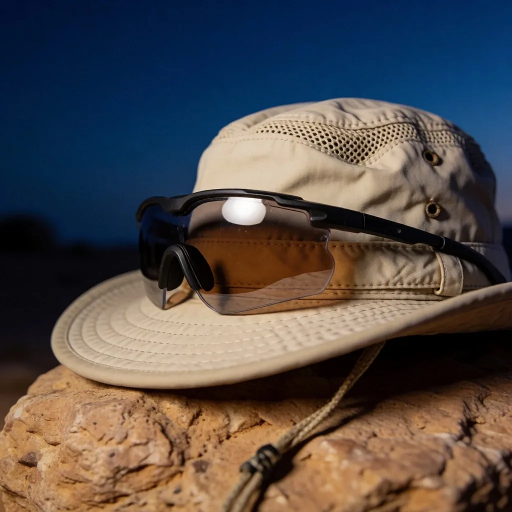 Wide-brimmed hat and sunglasses on a stone surface at twilight