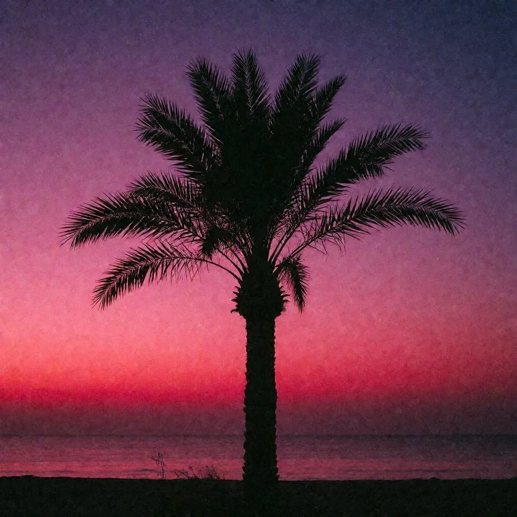 Palm tree silhouette against a pink twilight sky along the Egyptian coast
