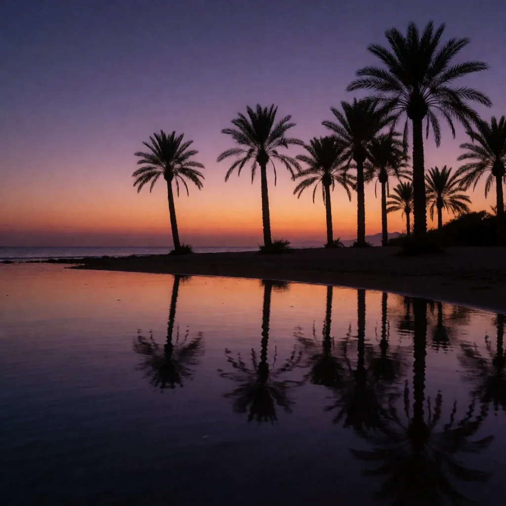 Palm silhouettes against a twilight sky on the Sinai coast