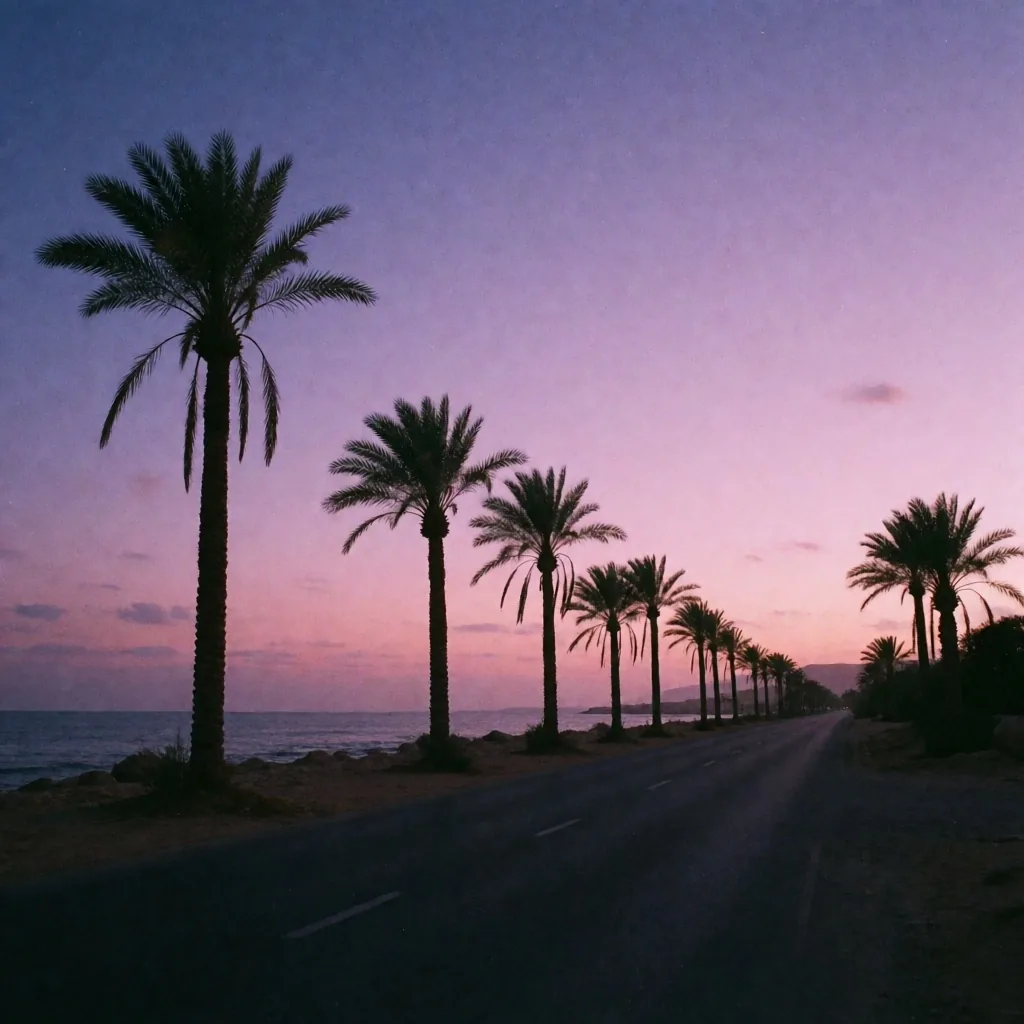 Palm silhouettes against a violet twilight sky on the Sinai coast