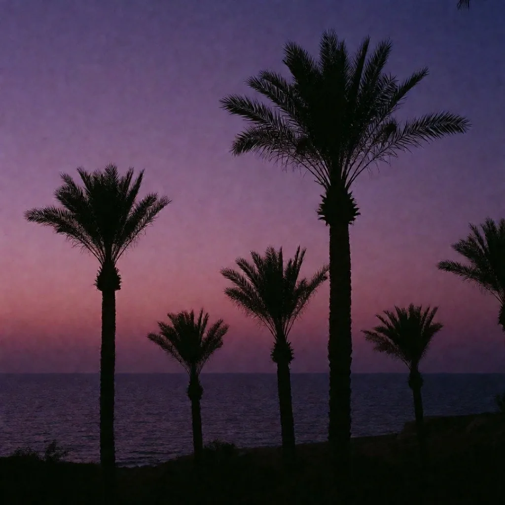 Palm silhouettes against a violet dusk sky on the Sinai coast