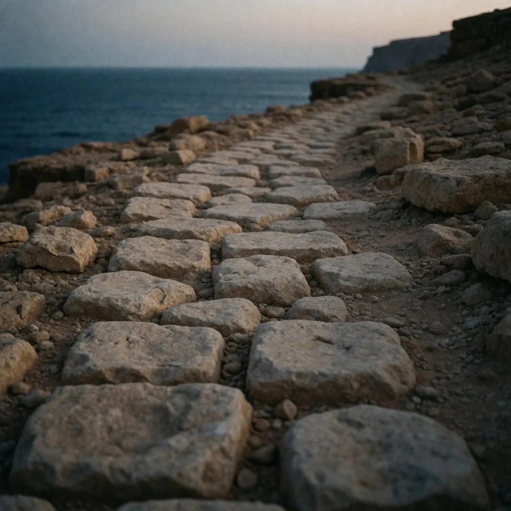 Weathered coastal stone path at blue hour in Sinai