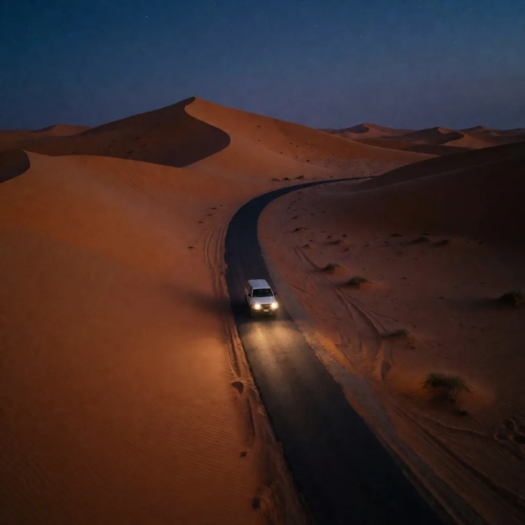 Desert road at night leading toward an oasis
