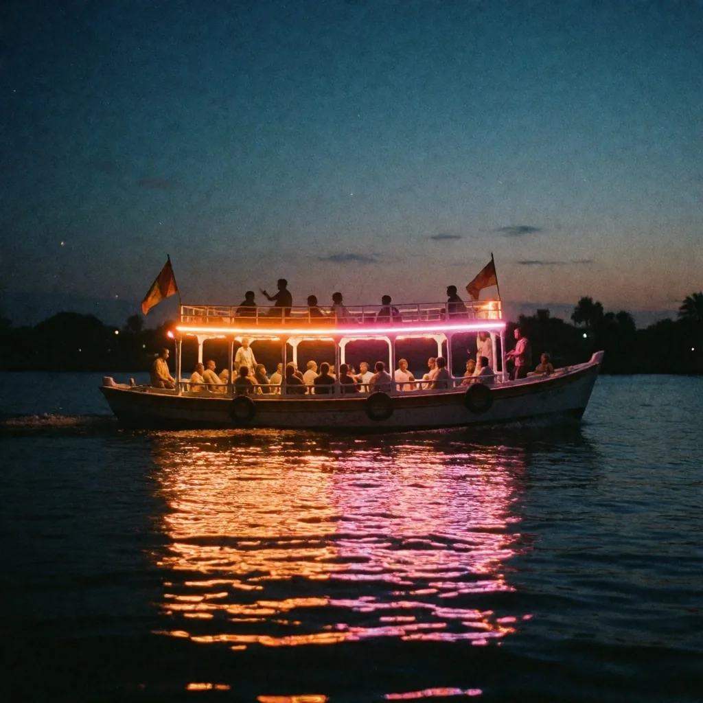 Night ferry crossing the Nile with neon reflections