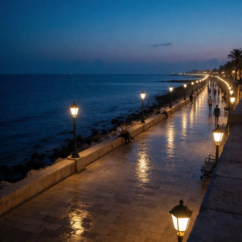 Coastal boardwalk at dusk in Egypt
